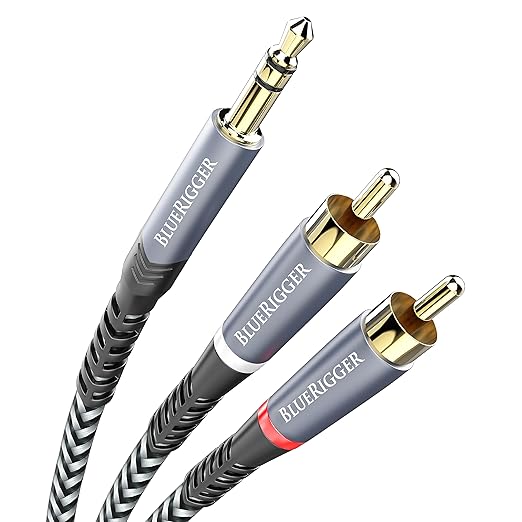 BlueRigger 3.5mm to RCA Audio Cable (10FT, RCA Male to Aux Audio, Braided, Headphone Jack Adapter, Metal Shell) - for Phones, Amplifiers, Tablets, Home Theater, Speakers, HDTV
