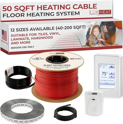 LuxHeat 50sqft Floor Heating Cable Kit - 240v Heated Tile Floor System - Heated Flooring System Includes UDG4 Programmable Thermostat w/GFCI, Underfloor Heating Cable, Strapping, Sensor & Alarm