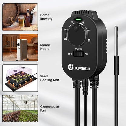 Plug in Thermostat for Heater, Thermostat Plug Outlet with 4.9FT Power Cord, Heating and Cooling Thermostats Outlet with Temperature Probe for Space Heater, Greenhouse Fan(Black,1 Pcs)