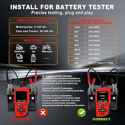 Acclope BT90 PRO 2-360Ah Battery Tester with Cloud Printing, 30-3800 CCA, 6V/12V/24V Digital Analyzer, SOH/SOC/Volt/Res/Cranking&Charging Test, Real‑Time Ambient Temp, AGM/EFB/Gel/Li