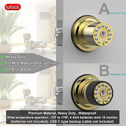 iulock Smart Door Knob with Keypad and Key,Keyless Entry Door Lock with Rubber Grip, Auto Lock,50 User Code,Waterproof, Easy to Install and Program for Bedroom Garage Office Gate (Golden)