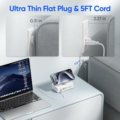 11-in-1 Charging Station USB-C Power Strip, 300W USB C Charger Block, 2AC Outlets 8USB Ports(4USB-C) Surge Protector, 5FT Flat Plug Extension Cord, PD110W Desktop Fast Charging for Home Office, White