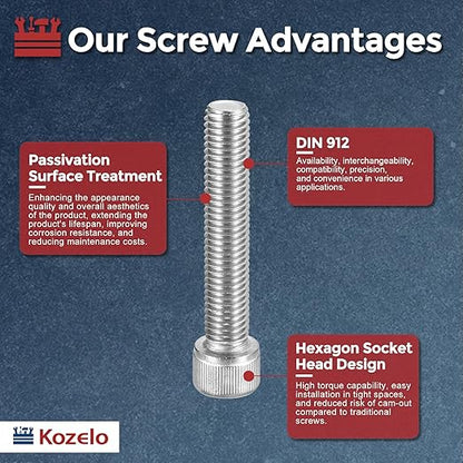 Kozelo 2pcs Socket Head Cap Screws - [M12-1.75 x 65mm] 304 Stainless Steel Allen Socket Drive for Electrical Motor 3D Printing Fan Engine Replacement Use, Silver