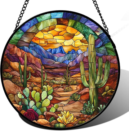 CRISGIF Stained Glass Window Hanging Cactus Mountains Landscape 6.3" - Suncatcher Door Garden Sunroom Sun Catcher Home Decor Birthday Christmas for Mom Men Woman Nana