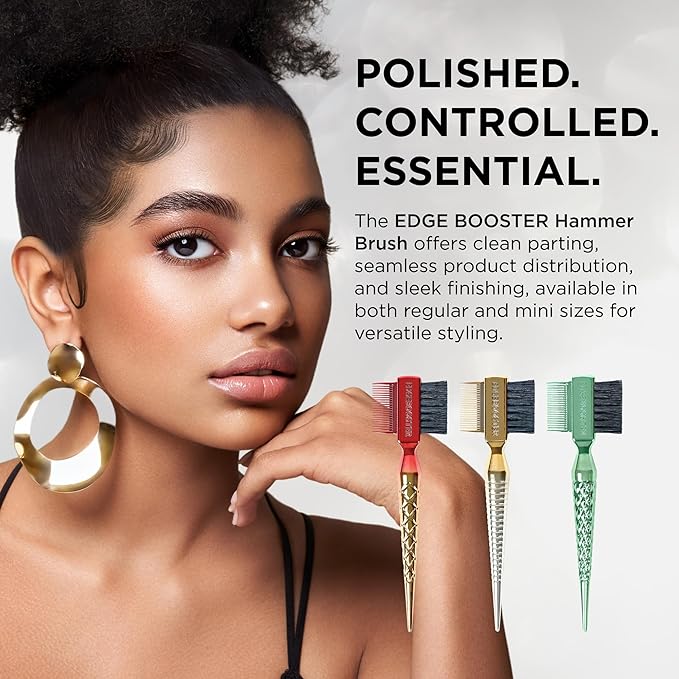STYLE FACTOR EDGE BOOSTER® Mini Hammer Brush Travel Size | Baby Hair Brush & Double-Sided Edge Control Comb with Boar Bristles | Rat Tail for Precision Styling | Travel Brush for Edges & Baby Hair