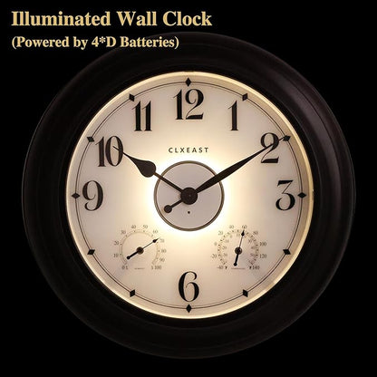 CLXEAST 24 Inch LED Self-Illuminated Outdoor Metal Clocks Waterproof, Large Lighted Outdoor Clock with Temperature and Humidity,House Warming Gifts New Home,Oil Rubbed Bronze Black