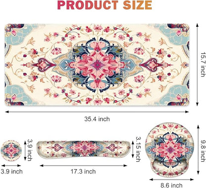 Gaming Mouse Pad, Large Desk Mat, Cute Desk Pad Protector, 4in1 XXL Mousepad + Keyboard Wrist Rest+Mouse Wrist Rest+Coaster Set with Ergonomic Desk Pad for Home Office Computer, Retro Style Pattern