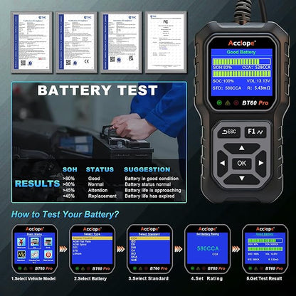 Acclope BT60 Pro Car Battery Tester, Digital Analyzer with Cloud Printing, 6V/12V/24V Battery Checker for AGM, Lithium, Gel Batteries, 100-3000 CCA Range, Automotive Charging System