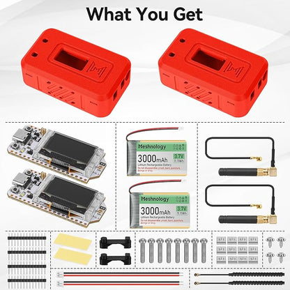 Meshnology 2 Set ESP32 LoRa V3 Module Board with 915 MHz Antenna + 3000mAh Battery + Protect Case - with WiFi Blue Tooth SX1262 CP2102 0.96” OLED Display Type C for Ar duino Meshtastic IOT (N35, Red)