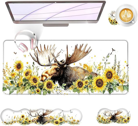 BFUKVOU Large Keyboard Mouse Pad Set, Extended Mouse Pad+Keyboard Wrist Rest Support, Memory Foam Ergonomic Easy Typing, 4Pcs (31.5×11.8 in) Desk Pad Set for Office Home,Deer and Sunflowers