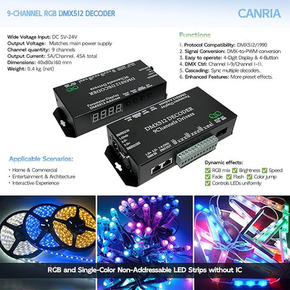CANRIA 9 Channel DMX512 Decoder LED Controller, DC 5V-24V 5A/CH, RGB RGBW LED Lighting Driver, for Stage/Architectural/Event Lights, 4-Digit Display