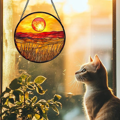 DASTOLL Stained Glass Window Hanging 4 Pcs Set Desert Sunset Theme Landscape 9.8" - Suncatcher Door Garden Sun Catcher Decor Birthday Christmas for Mom Woman Nana Men