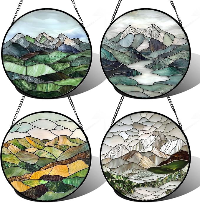 AMDERVEN Stained Glass Window Hanging 4 Pcs Set Mountain River Landscape Large 11.8" - Suncatcher Door Garden Sun Catcher Decor Birthday Mother's Day for Mom Woman Nana Girl Boy Friend