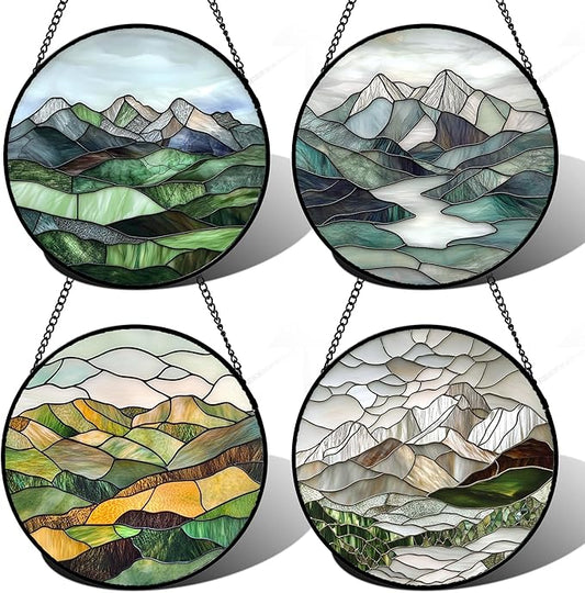 AMDERVEN Stained Glass Window Hanging 4 Pcs Set Mountain River Landscape Large 11.8" - Suncatcher Door Garden Sun Catcher Decor Birthday Mother's Day for Mom Woman Nana Girl Boy Friend