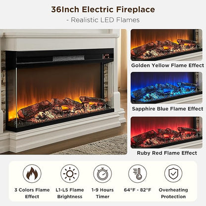 OKD 52 Inch Electric Fireplace with Mantel, Fireplace TV Stand with 36" 3-Sided Glass Electric Fireplace Heater for Living Room (Antique White)