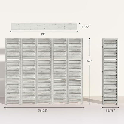 HOMCOM Room Divider, 5 Panel 67" Tall Wood Privacy Screen with 3 Display Shelves, and Folding Storage for Bedroom or Home Office, Distressed White