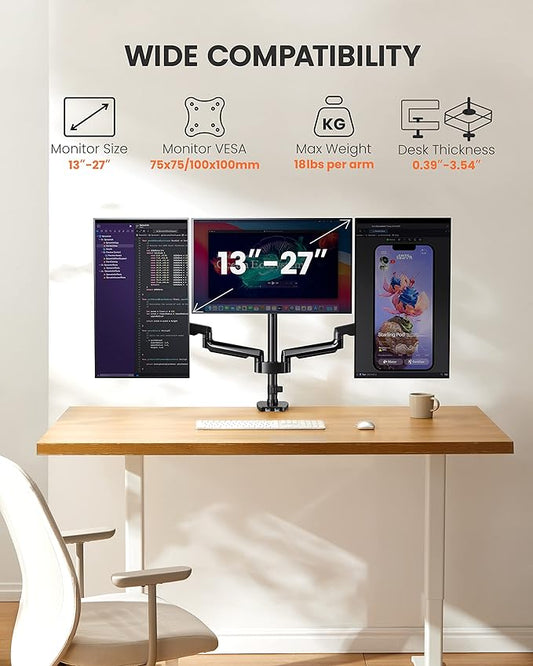ErGear Triple Monitor Mount for 13-27 inch Screens, Triple Monitor Arms with USB, Heavy Duty Three Monitors Stand with Tilt, Swivel, Rotation, Holds Up to 17.6 lbs Each Arm