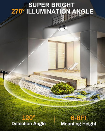 HAARAY Solar Motion Lights Outdoor with Stake, 208 LED 270° Illumination Security Flood Lights for Yrad Garden Pathway, 3 Modes, IP65 Waterproof, In-Ground or Wall Mount
