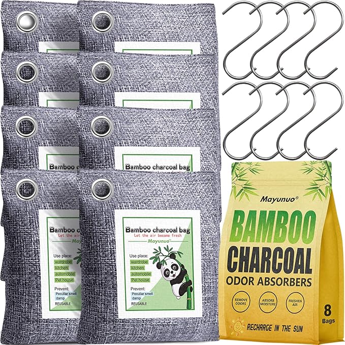 Mayunuo Activated Charcoal Odor Absorber for Strong Odor, Basement, Cars, Closets, Shoes, Smoke. 8 Pack Bamboo Charcoal Air Purifying Bags Deodorizer Odor Eliminator for Home