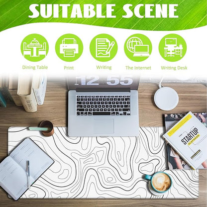 Eflxamz Desk Mat,White Topographic Contour Map Desk Pad,Topographic Contour Large Gaming Mouse Pad for Desk,Extended Big Computer Keyboard Mouse Pad with Non-Slip Base and Stitched Edge,31.5"x11.8"