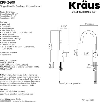 KRAUS Oletto Single Handle Kitchen Bar Faucet with QuickDock Top Mount Installation Assembly in Spot Free Antique Champagne Bronze, KPF-2600SFACB
