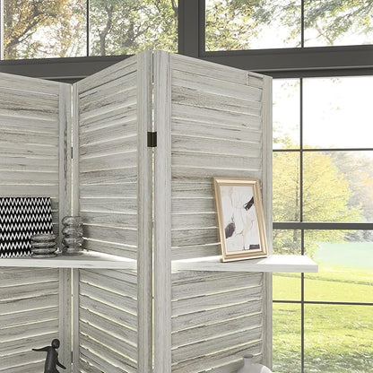 HOMCOM Room Divider, 5 Panel 67" Tall Wood Privacy Screen with 3 Display Shelves, and Folding Storage for Bedroom or Home Office, Distressed White
