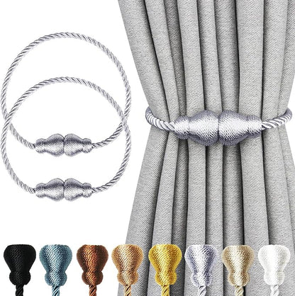 Nieffeiy Magnetic Curtain Tiebacks Outdoor Curtain Tie Backs Rope Decorative Magnetic Curtain Holders for Drapes Window Treatment Holdbacks, Grey 2Pack