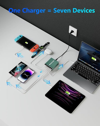 Aluminum Alloy USB C Charger 260W GaN Fast USB C Charging Station 7 Ports 65W Laptop Charger for MacBook Pro/Air/iPad Pro/iPhone (Green-5C2A)