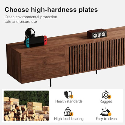 Pajiasen 94.48″ Mid Century Modern Walnut TV Stand with Grille Doors, Storage Cabinets,Entertainment Center for TVs Up to 80",Media Console for Living Room or Bedroom