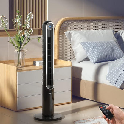 GOFLAME Tower Fan with Remote Control, 42" 80° Oscillating Quiet Cooling Fan with 3 Wind Modes, LED Control Panel and 12H Timer, Portable Bladeless Standing Fan for Bedroom Living Room Office (Black)