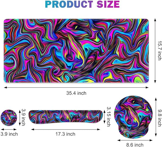 Gaming Mouse Pad, Large Desk Mat, Cute Desk Pad Protector, 4in1 XXL Mousepad + Keyboard Wrist Rest+Mouse Wrist Rest+Coaster Set with Ergonomic Desk Pad for Home Office Computer, Dazzling Bright Color