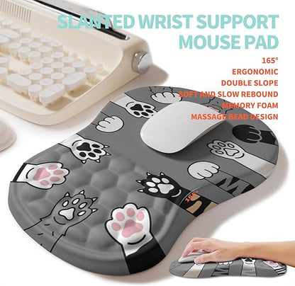 KUOSGM 2-in-1 Ergonomic Set, Wave Rise Keyboard Wrist Rest and Massage Bulge Slope Mouse Pad Wrist Support, Cushion Memory Foam Integrated to Relieve Wrist Pain, Cute Cat Paws