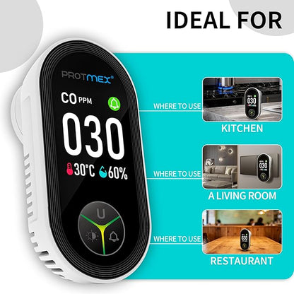 Protmex Carbon Monoxide Detector Plug in Wall, 3-in-1 Co Detector Monitor Air Quality with Temperature Humidity Sensor, Portable CO Meter Easy to Read & Install, for Home/Hotel/RV