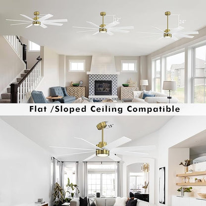 WINGBO 60" Large DC Ceiling Fans with Lights and Remote, 3 Downrods, 8 Plywood Blades, 6-Speeds Reversible DC Motor, 3CCT, Indoor Ceiling Fan for Bedroom Living Room Patio, Brass and White