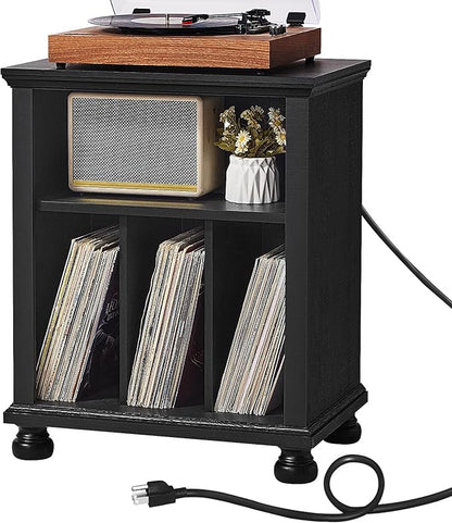 Joaxswe Record Player Stand with Charging Station Up to 200 Albums, 24" Wide Mid-Century Record Player Table with Vinyl Record Storage,Large Wood Turntable Stand Dispaly Cabinet for Living Room,Black
