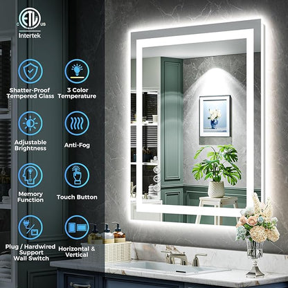 YEELAIT 20x30 Inch LED Bathroom Mirror with Lights Front and Backlit Lighted Vanity Mirror for Bathroom Wall with 3 Colors Dimmable Anti-Fog Memory Shatter-Proof IP54 Waterproof Horizontal/Vertical