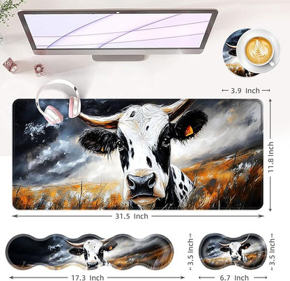 BFUKVOU Large Keyboard Mouse Pad Set, Extended Mouse Pad+Keyboard Wrist Rest Support, Memory Foam Ergonomic Easy Typing, 4Pcs (31.5×11.8 in) Desk Pad Set for Office Home,Cute Cow