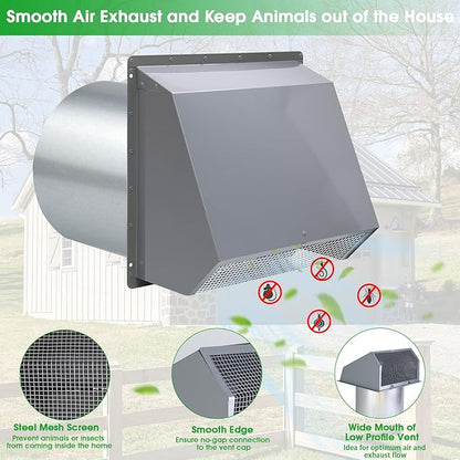 6 Inch Hooded Wall Vent with Screen and Damper,6 Inch Exhaust Vent Cover Cap for Outdoor Kitchen Range Hood Dryer Ventilation,Outside Wall Mount Extractor for House Air Exhaust,Galvanized Steel,Gray