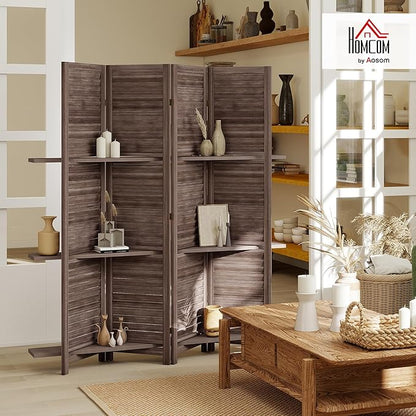 HOMCOM Room Divider, 4 Panel 67" Tall Wood Privacy Screen with 3 Display Shelves, and Folding Storage for Bedroom or Home Office, Walnut