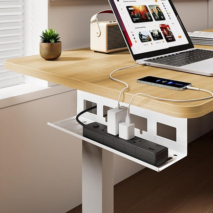 PEGZONE Under Desk Cable Management Tray, 15.7 Inches Metal Cord Organizer Rack, Desk Tray for Power Strip, Cord, Wire, Easy Mounting Cable Management Under Table for Home Office, White