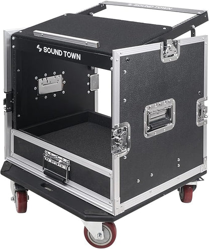 Sound Town 10U PA DJ Pro Audio Rack/Road ATA Case with 2U Drawer, 11U Slant Mixer Top, DJ Work Table, Casters, Pro Tour Grade (MR-DR10U)