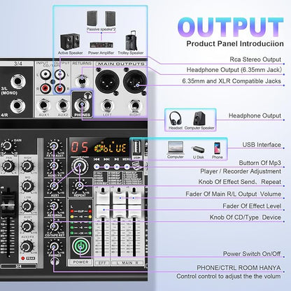 8 Channel Audio Mixer DJ Mixer Sound Board Console 16 Dsp USB Audio Interface MP3 Input +48V Phantom Bluetooth Studio Mixer Audio For Karaoke Streaming Recording