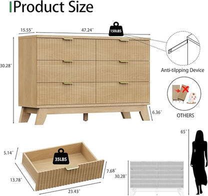 Fluted Dresser for Bedroom with 6 Drawers, 48" Wide Modern Chest of Drawers with Metal Handle, Wooden Dresser TV Stand, Wood Closet Clothes Storage Organizer for Living Room, Hallway, Natural Oak
