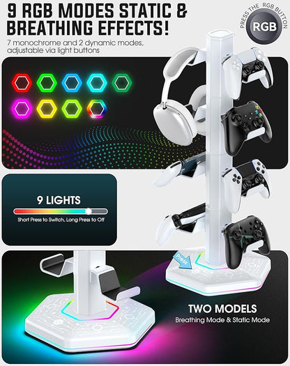 Kytok RGB Controller Holder for PS5/PS4/Xbox/Switch, Headphone Stand with 2 USB Charging Ports and Type-C and Headphone Jack, Headset Holder with Cable Organizer, Controller Stand for Desk, 4 Tiers
