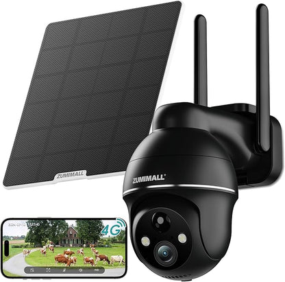 ZUMIMALL 4G LTE Cellular Solar Security Cameras Wireless Outdoor, 3MP No WiFi Cameras for Home Security, 360° Live View, 2K Color Night Vision, PIR Motion Sensor, 2 Way Talk, Built in SIM Card