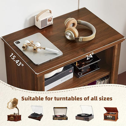 Joaxswe Record Player Stand with Vinyl Record Storage, 24" Wide Mid-Century Record Player Table Up to 200 Albums,Large Wood Turntable Stand Cabinet Dispaly Shelf for Living Room,Bedroom,Brown