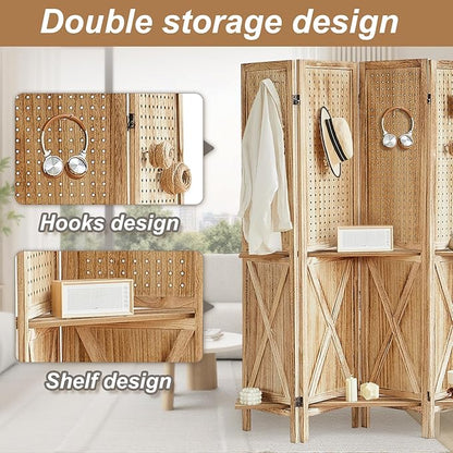 Aleesing 4 Panel Pegboard Display with 16 Hooks, Wooden Pegboard Room Divider Wall with Shelf, Partition Room Dividers and Folding Privacy Screens, Bedroom, Jewelry Store, Natural