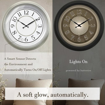 FOUNTAIN DESIGNS Galaxy 18" Large Luminous Atomic Clock with Night Light, Lighted Wall Clocks for Bedroom or Livng Room Decor,Morning Silver Finish,House Warming Gifts New Home