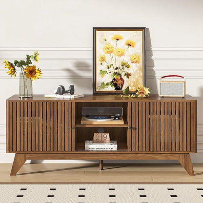 Oubayajia Mid Century Modern TV Stand for Televisions up to 60 Inches, with Sliding Doors and Storage, Curved Edge Television Stands, TV Consoles, Media Consoles for Living Room (Walnut, 51.2inch)