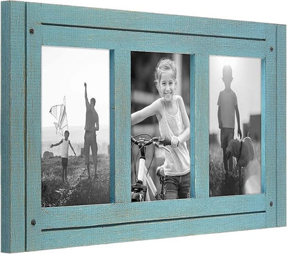 Americanflat Hinged 4x6 Triple Picture Frame with 3 Photo Openings and Polished Glass - Distressed Wood Collage Picture Frames for Tabletop and Wall Display - Hampton Collection - Turquoise Blue